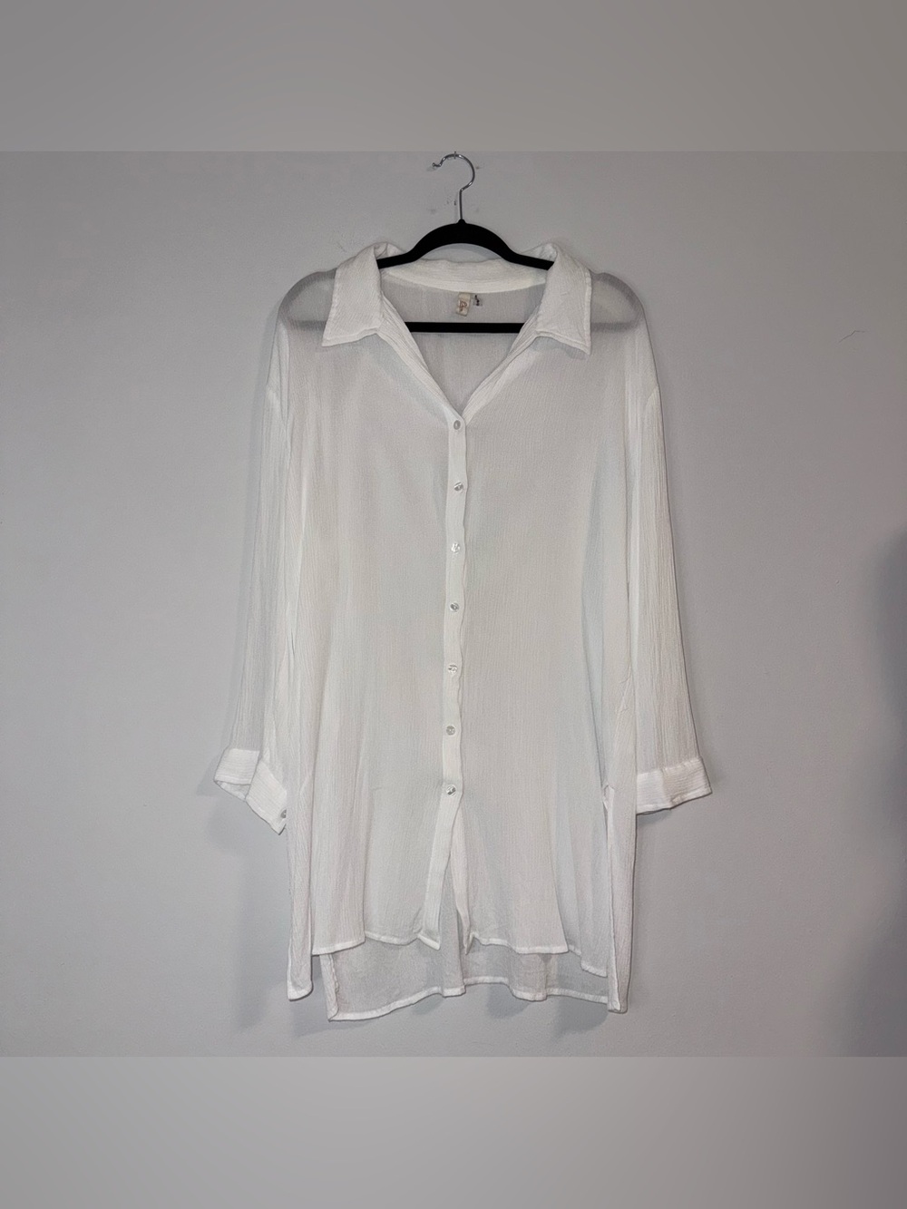 Elan White Sheer Gauzy Button Tunic Oversized Blouse Sz M
